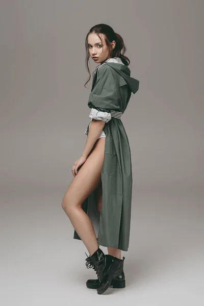 Beautiful Young Stylish Girl Posing Raincoat Isolated Grey — Stock Photo, Image