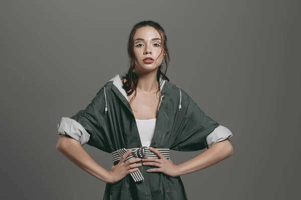 Young Fashionable Girl Posing Autumn Raincoat Isolated Grey — Stock Photo, Image