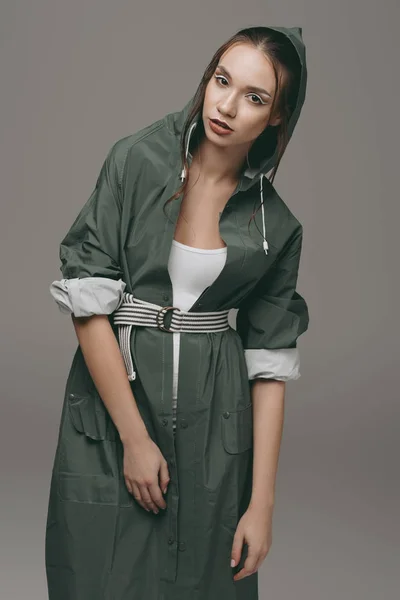 Stylish Girl Posing Green Autumn Raincoat Isolated Grey — Free Stock Photo