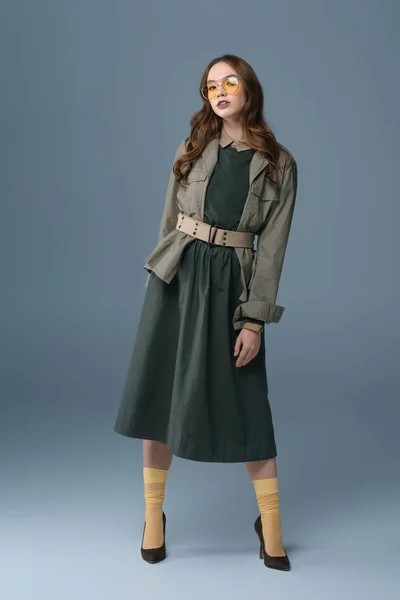 Beautiful Stylish Girl Posing Autumn Outfit Fashion Shoot Isolated Grey — Stock Photo, Image