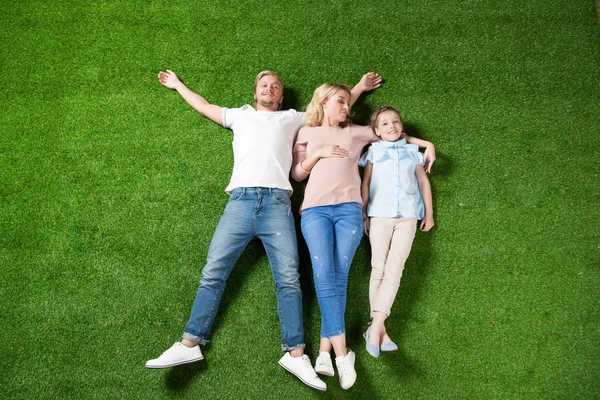 Aile yeşil çim üzerinde yalan
