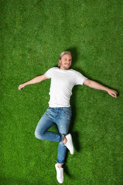 young man relaxing on meadow