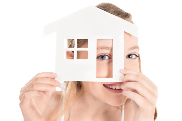 Kid with house model — Stock Photo, Image