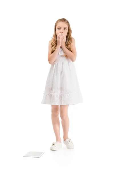 Emotional child with tablet — Stock Photo