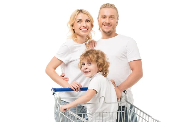 Family with son in shopping cart — Stock Photo