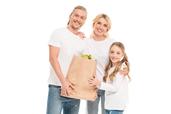 Familia con bolsa de papel - foto de stock