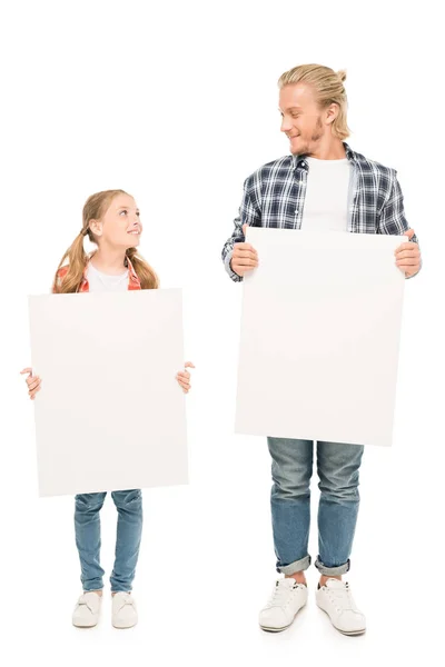 Father and daughter with blank banners — Stock Photo