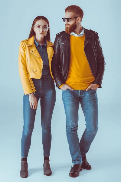 Fashionable couple in leather jackets — Stock Photo, Image