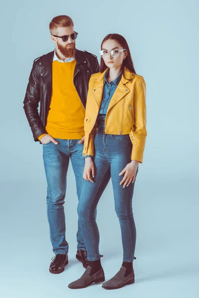 Fashionable couple in leather jackets — Stock Photo, Image