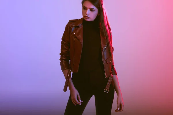 Fashionable girl in leather jacket — Stock Photo, Image