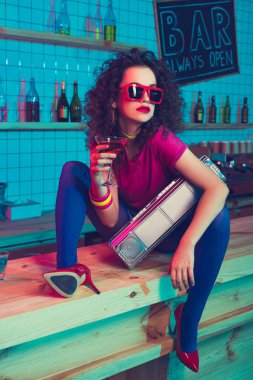 stylish woman with cocktail and boombox clipart