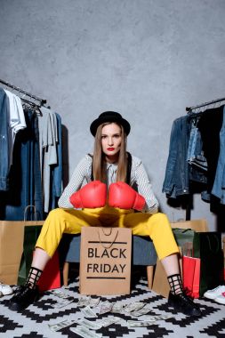 girl in boxing gloves on  black friday clipart
