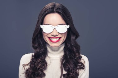 Smiling woman in white sunglasses clipart