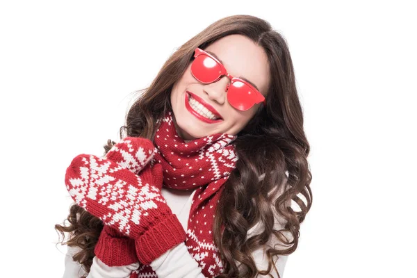 Woman in winter attire in red sunglasses — Stock Photo, Image