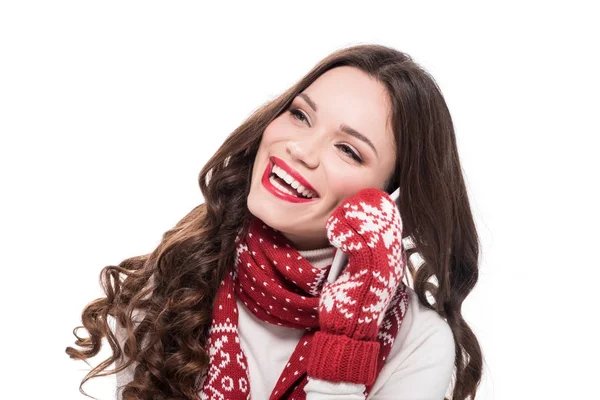 Woman in scarf and mittens talking on phone — Stock Photo, Image
