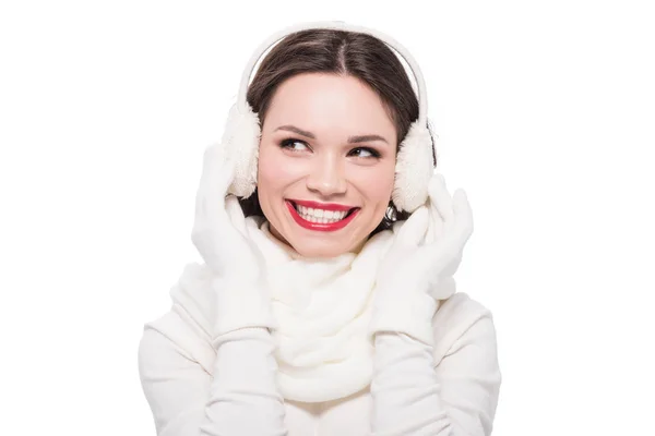 Mujer con labios rojos en orejeras — Foto de Stock