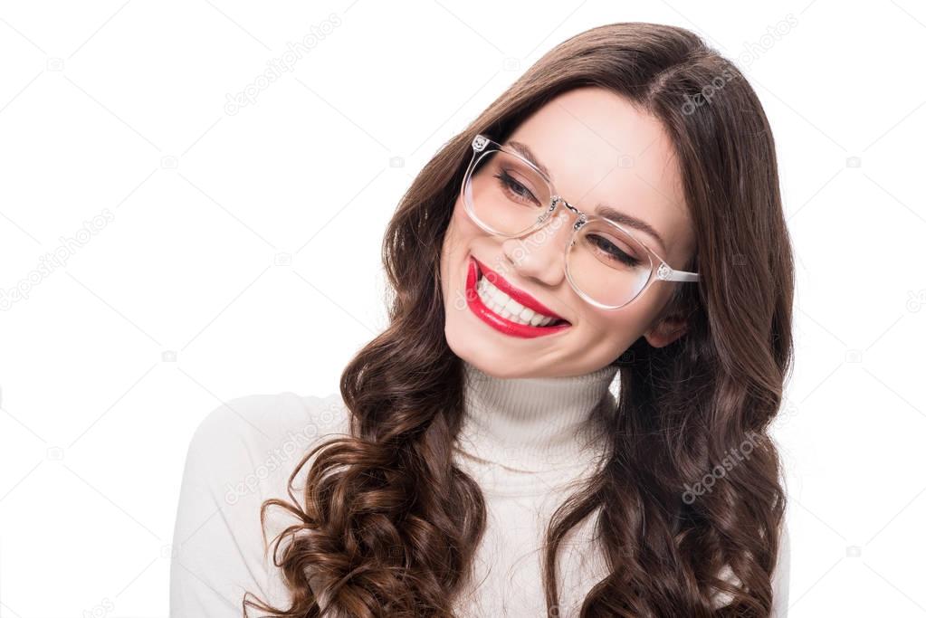 Cheerful woman in plastic glasses