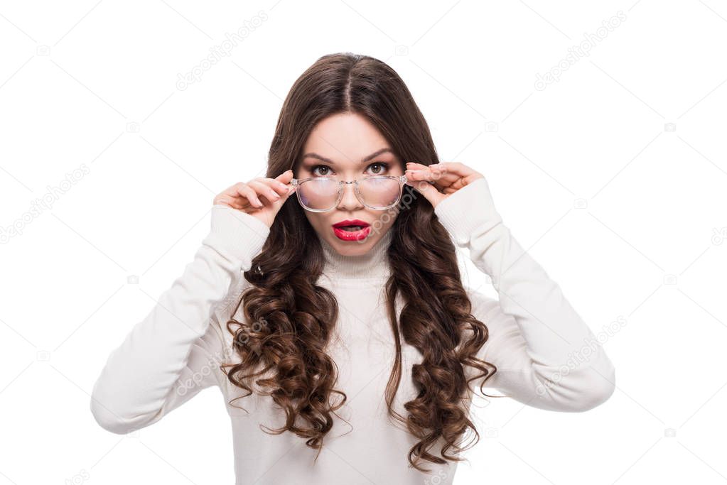 woman with red lipstick in glasses