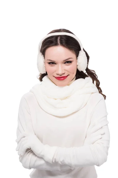 Smiling woman in earmuffs and scarf — Stock Photo, Image