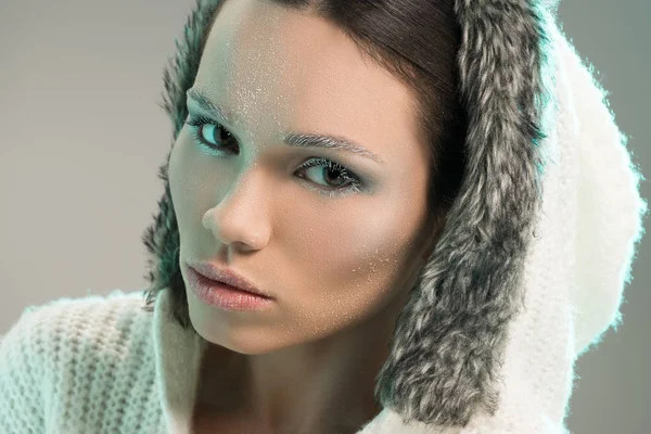 Woman in sweater with frost on face — Stock Photo, Image