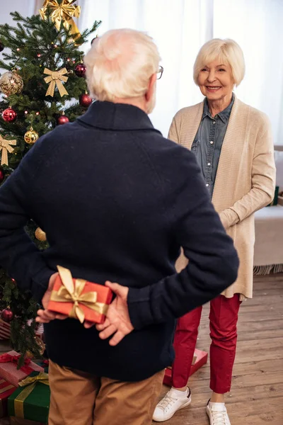 Man die verrassing voor vrouw met Kerstmis — Gratis stockfoto