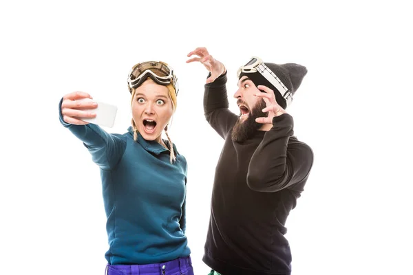 Snowboardosok figyelembe selfie — Stock Fotó
