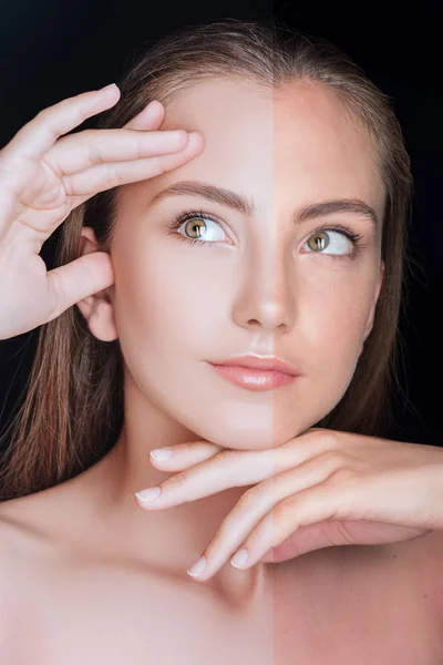 Обличчя красивої дівчини до і після ретуші — стокове фото