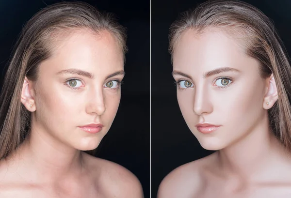 Visage de fille avant et après retouche — Photo