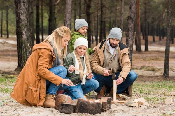 Famille faisant feu de camp — Photo