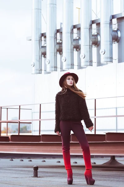 Woman in autumn outfit standing on roof — Free Stock Photo