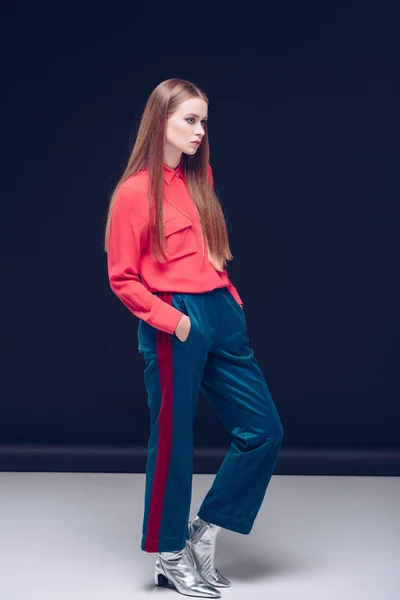 Woman in stylish trousers and silver shoes — Stock Photo, Image