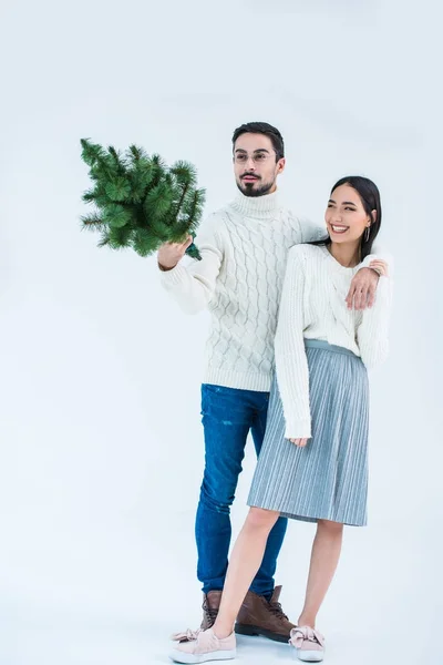 Multicultural couple with christmas tree — Free Stock Photo