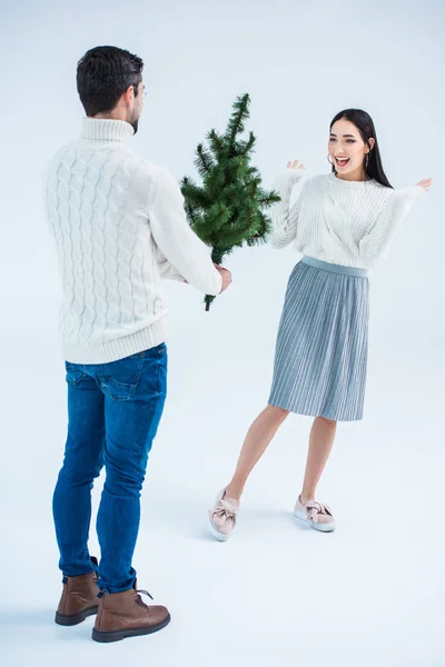 Man surprising girlfriend with christmas tree — Stock Photo, Image