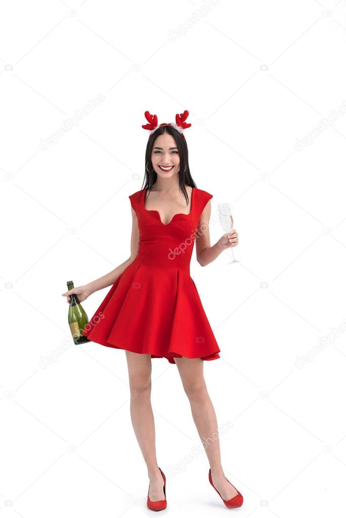 asian woman in deer costume with champagne