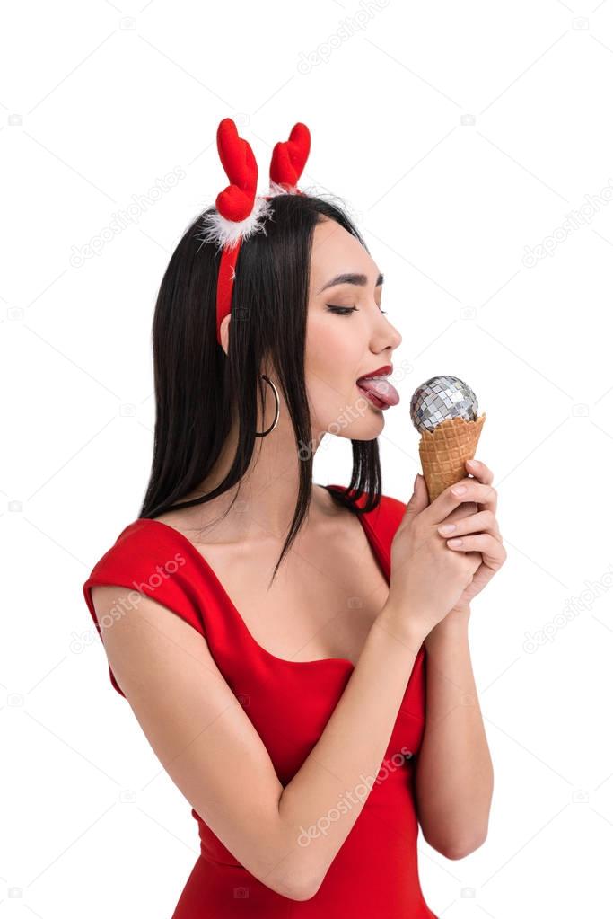 asian woman on deer costume with ice cream cone
