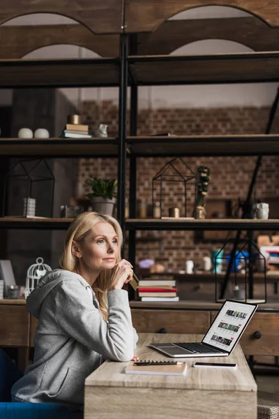 Vrouw met behulp van laptop thuis — Stockfoto