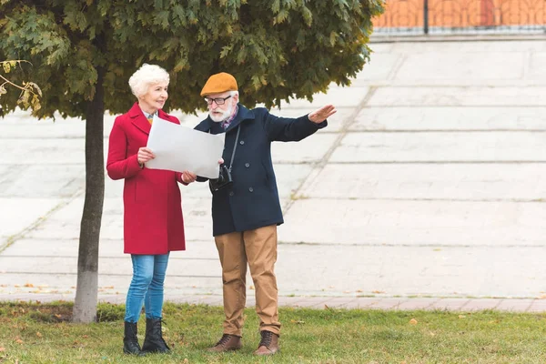 Пожилая пара туристов с картой — стоковое фото
