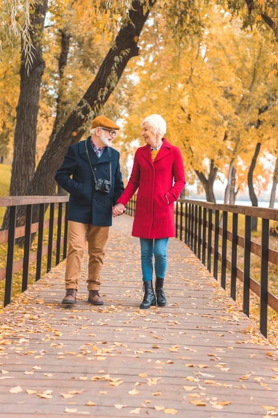 Seniorenpaar wandelen in herfstpark — Stockfoto