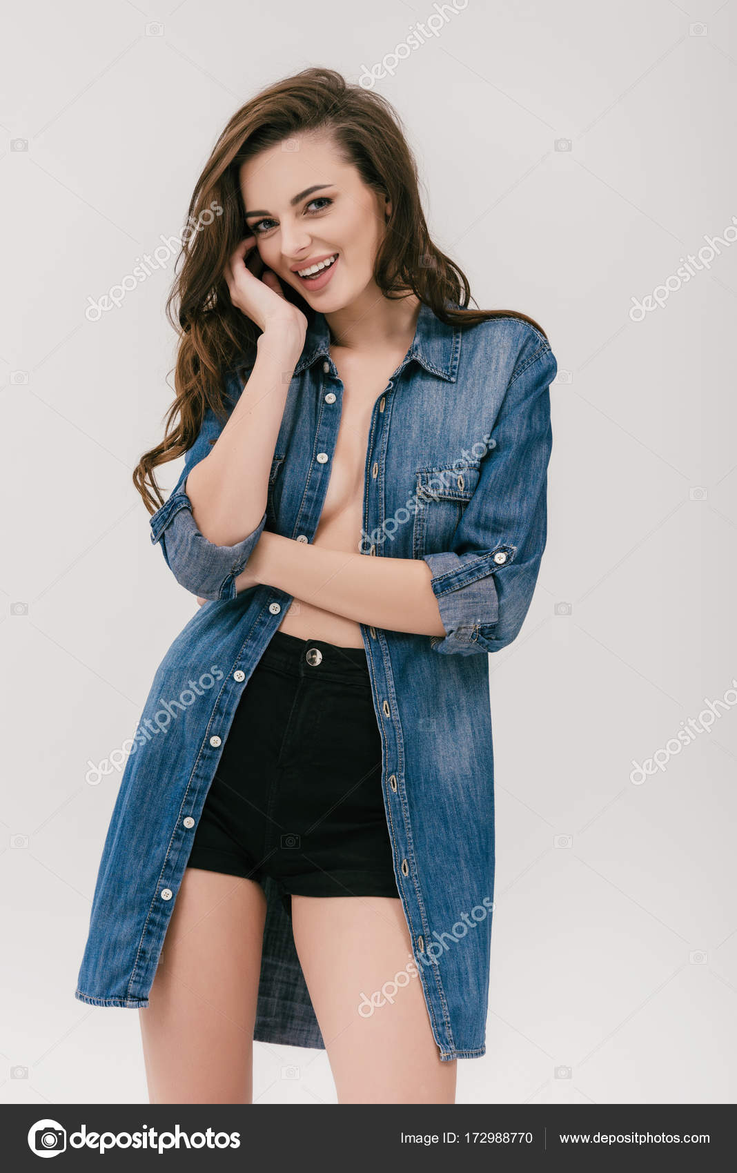 Sexy girl in denim shirt Stock Photo by VitalikRadko 172988770