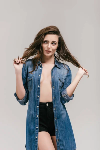 Seductive girl in denim shirt — Free Stock Photo