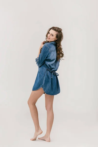 Beautiful girl in denim shirt — Stock Photo, Image