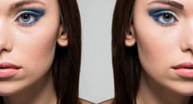 face of woman before and after retouch clipart