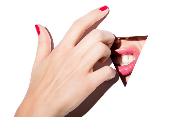 Woman lips behind triangle hole — Stock Photo, Image