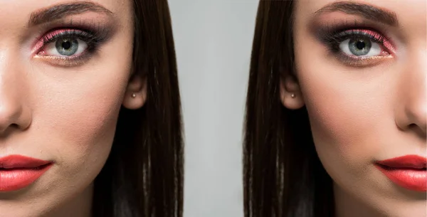 Rostro de la mujer antes y después del retoque — Foto de Stock