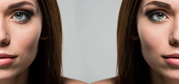 Gesicht der Frau vor und nach der Retusche — Stockfoto