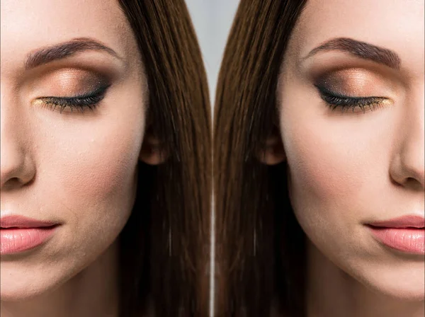 Rostro de la mujer antes y después del retoque — Foto de Stock