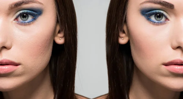 Πρόσωπο γυναίκας πριν και μετά το ρετουσάρισμα — Φωτογραφία Αρχείου