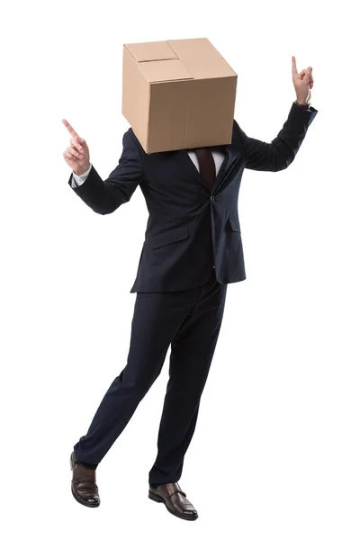 Happy businessman with box on head — Stock Photo, Image