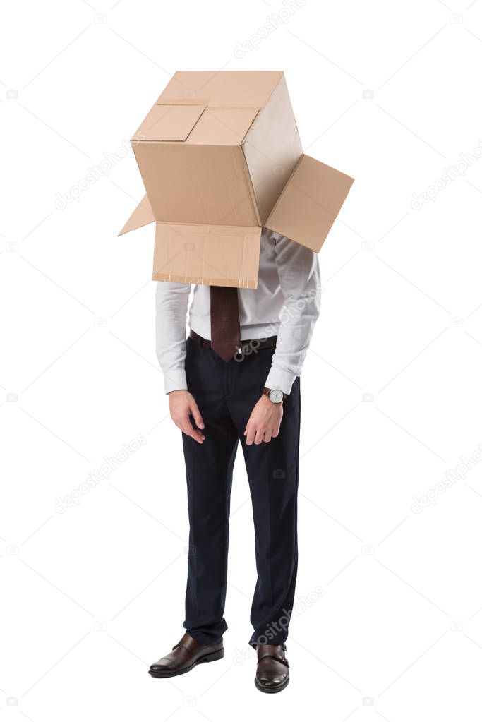 exhausted businessman with box on head
