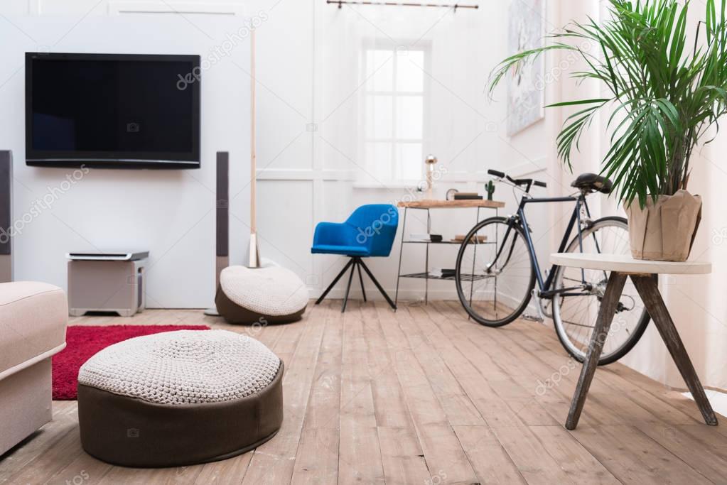 Interior of living room with TV and bicycle